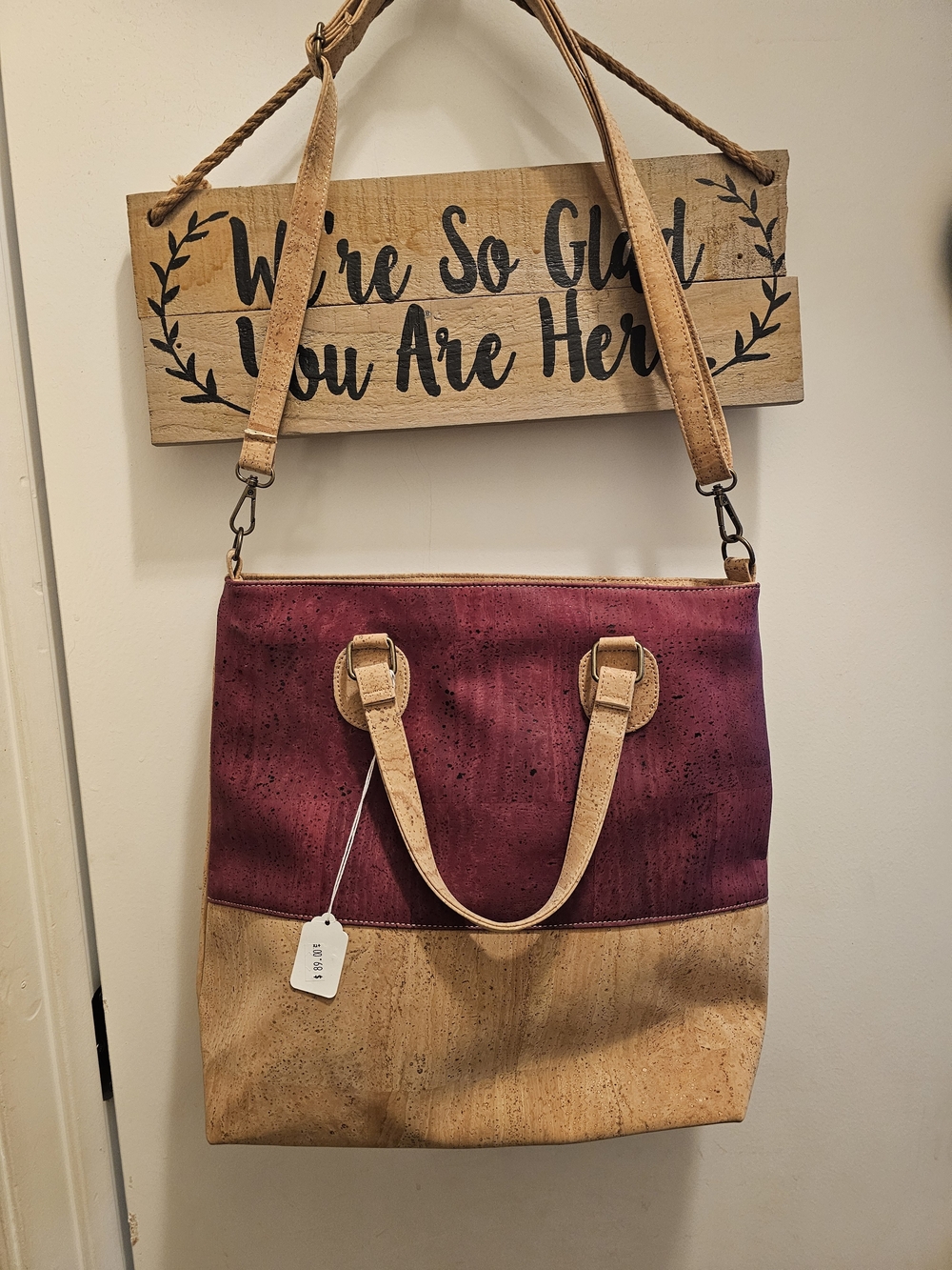 Two-Tone Cork Tote Bag — Burgundy and Natural Nwt